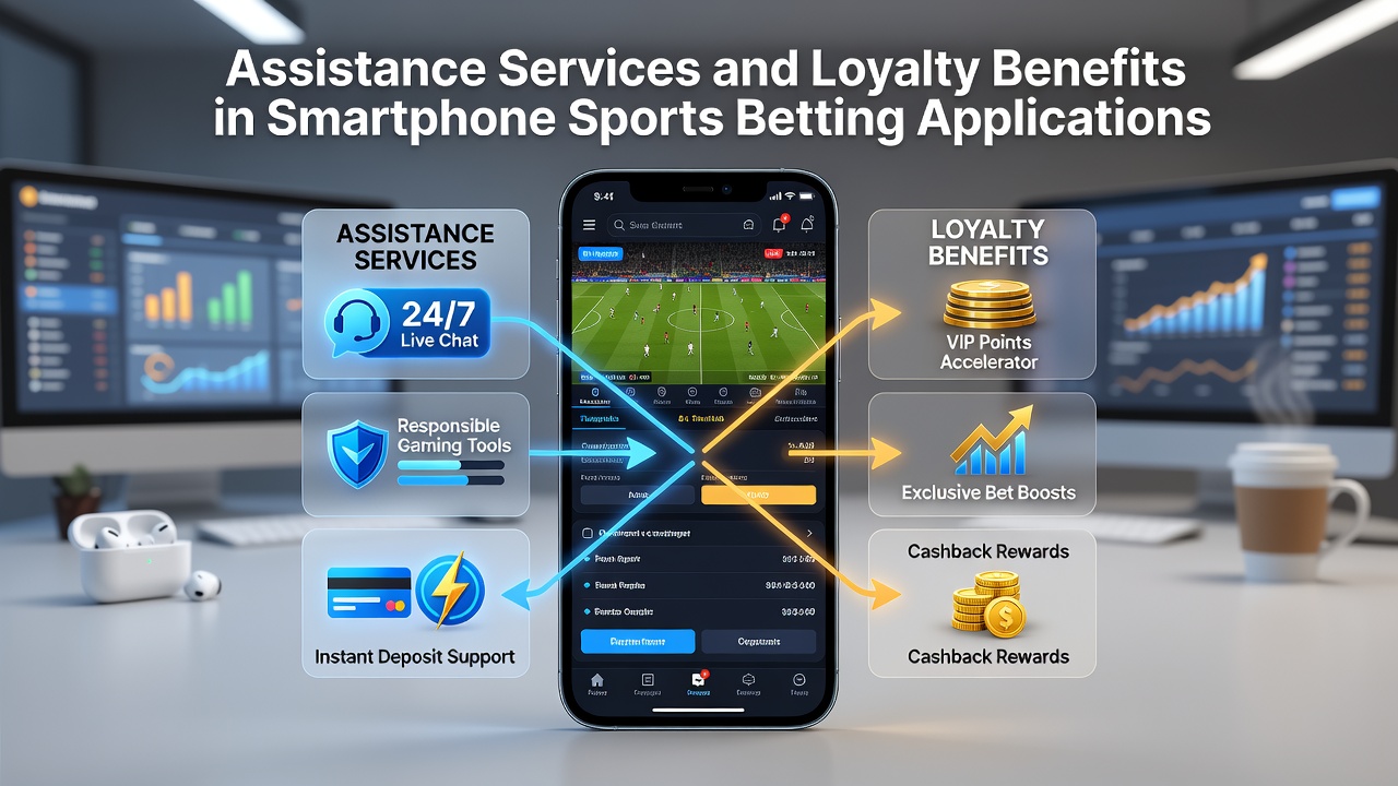 Smartphone displaying sports betting app interface with loyalty rewards dashboard and customer support chat overlay