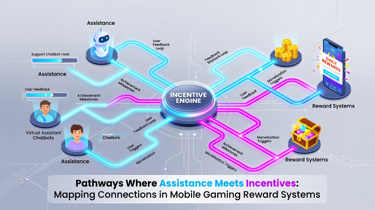 Flowchart showing assistance protocols feeding into mobile gaming reward allocation across different user segments