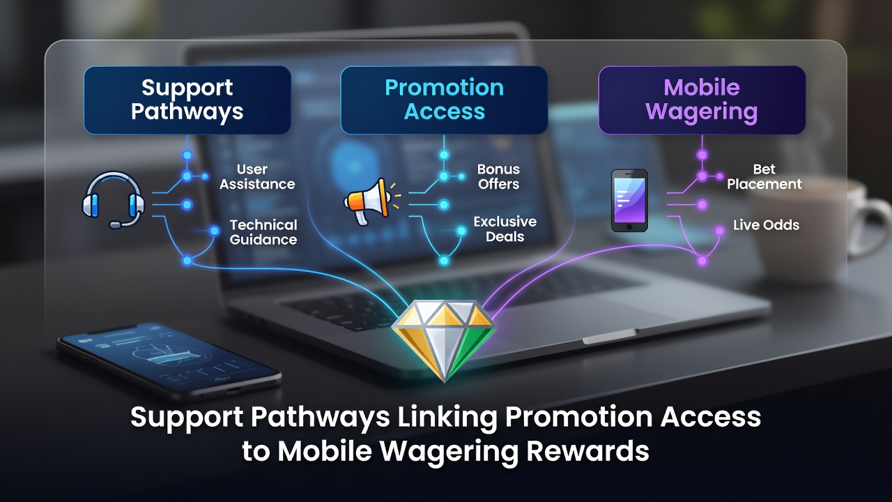 Mobile wagering interface showing promotional reward pathways and support access points